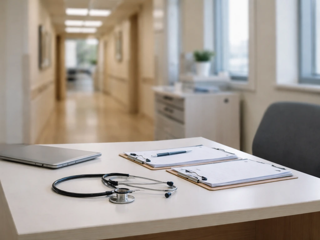 Nephrology clinic office desk with stethoscope and laptop in a calm hospital setting