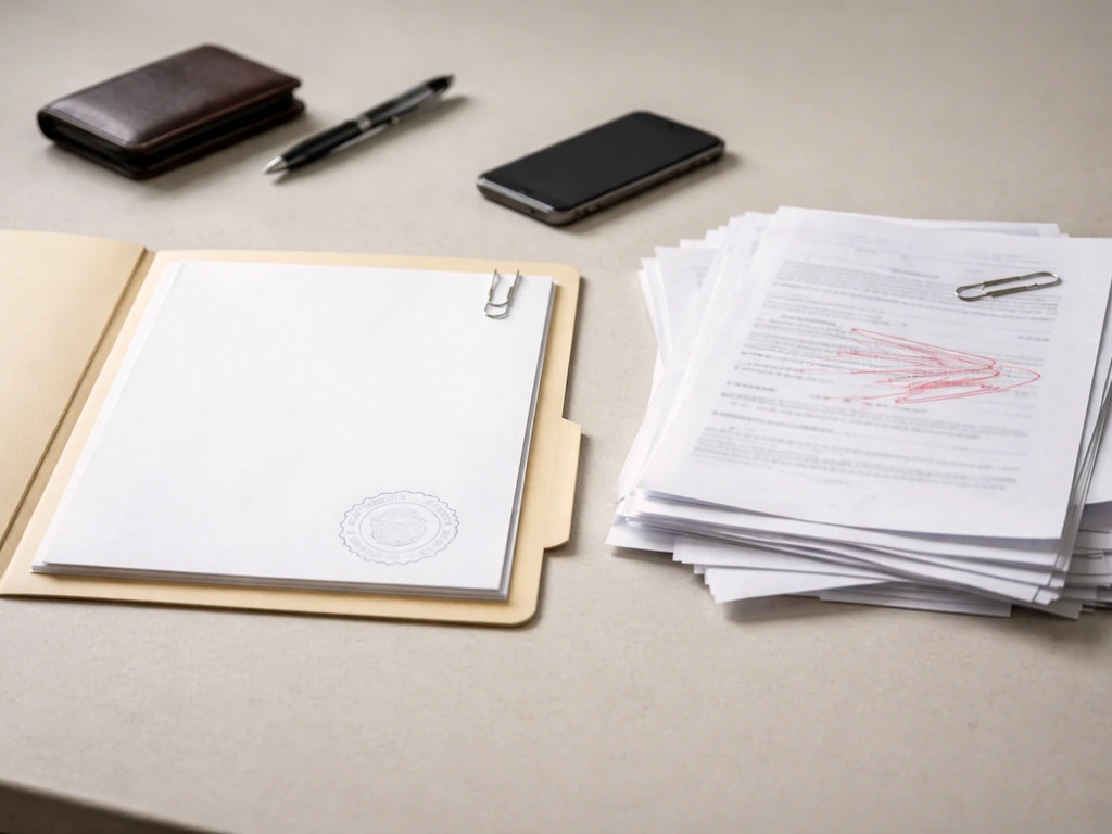 Minimal desk scene with two envelopes and scattered documents, signaling unreliable vs verified sources