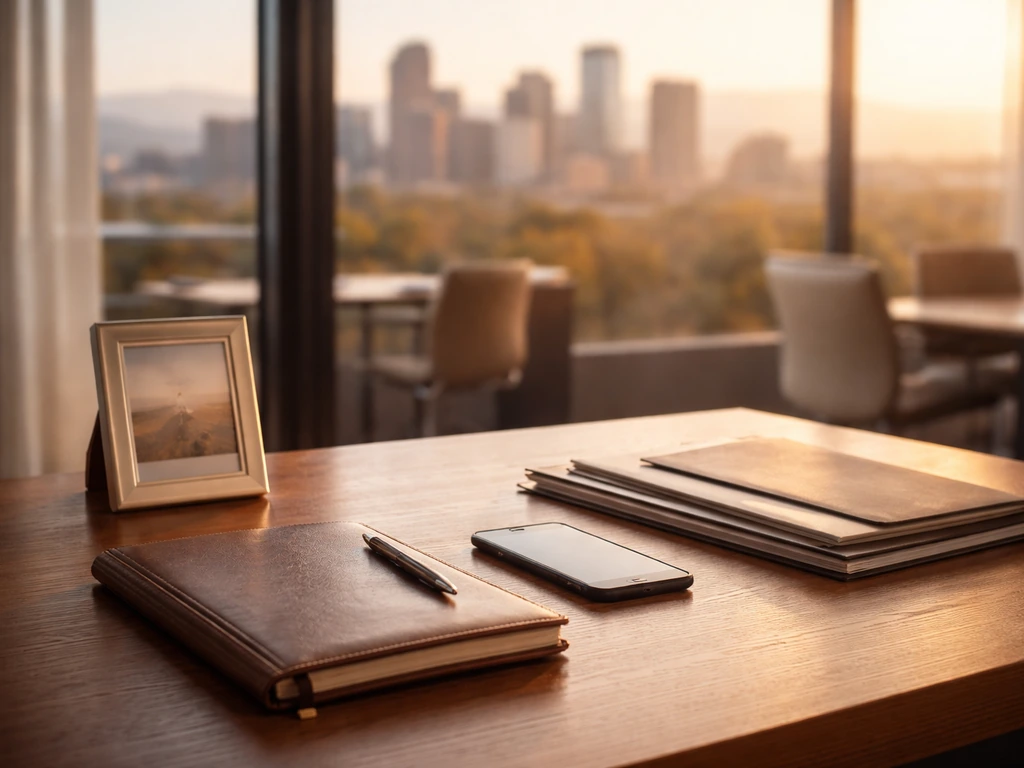 Minimal office desk with business folders and phone, symbolizing nonprofit leadership and wealth analysis
