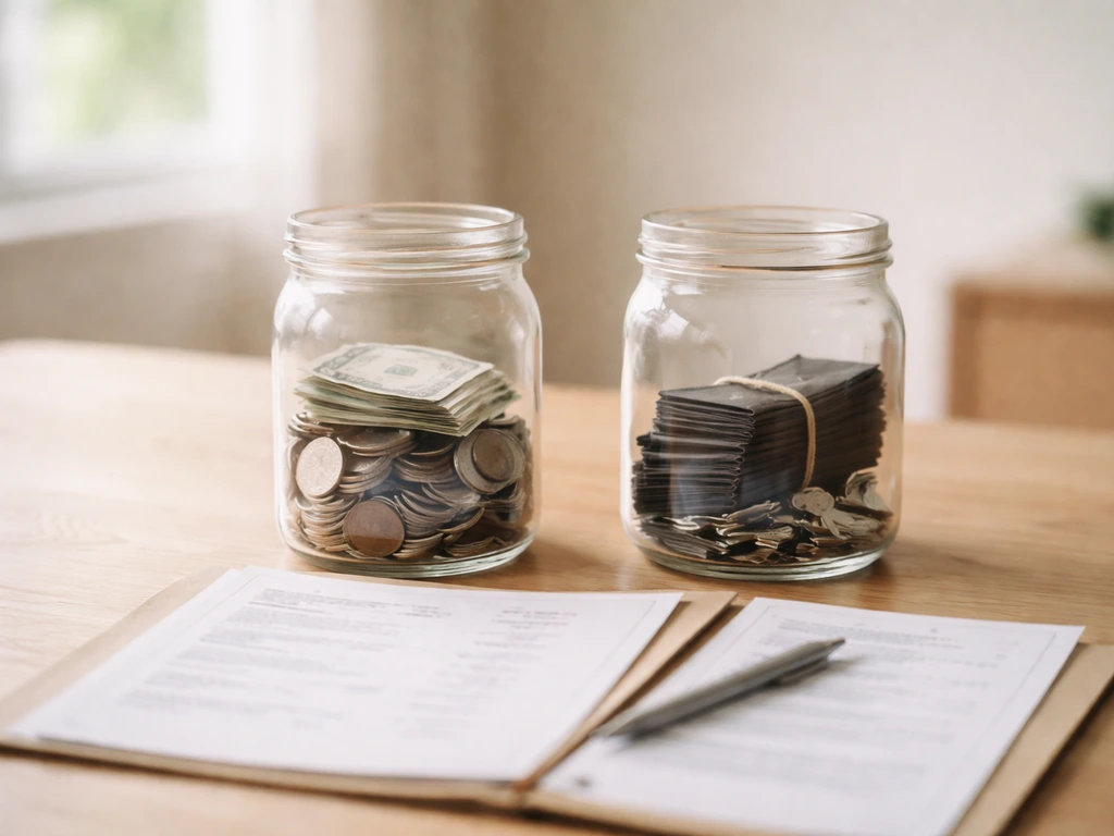 Minimal desk photo with two unlabeled jars of cash and debt-like items representing assets vs liabilities.