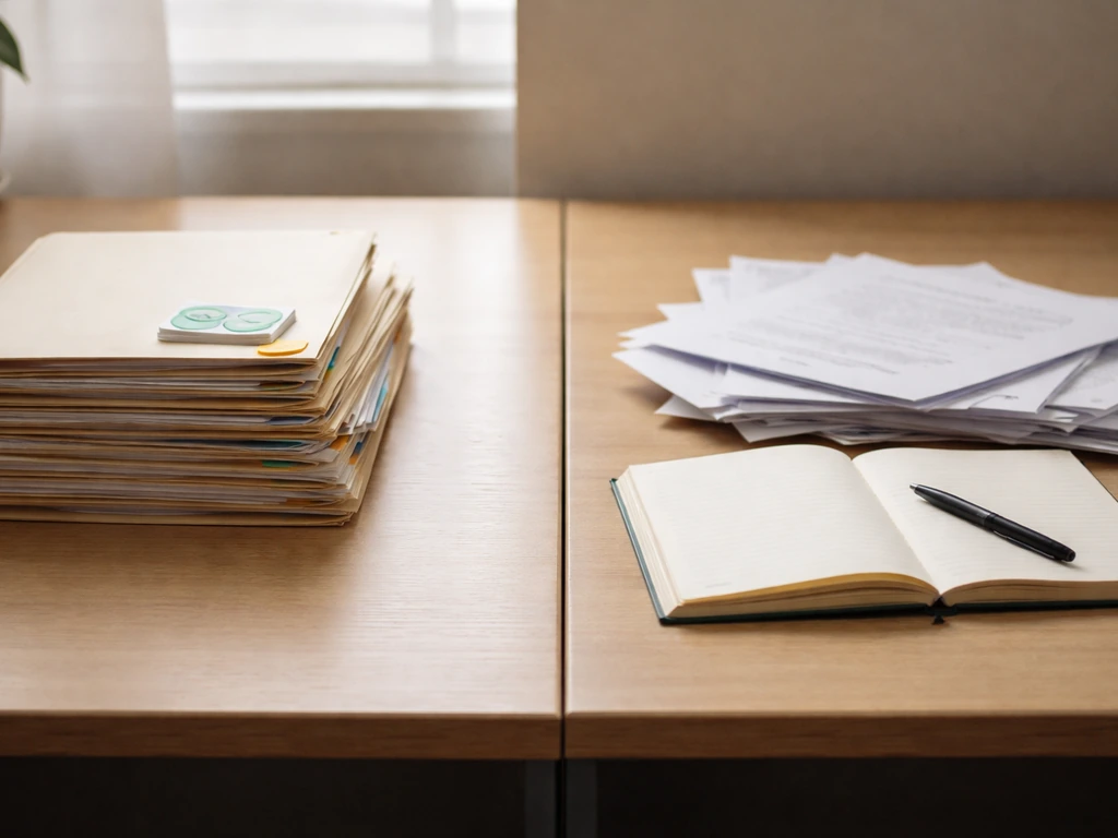 Minimal desk scene with organized documents and check-marks on one side, looser notes on the other.