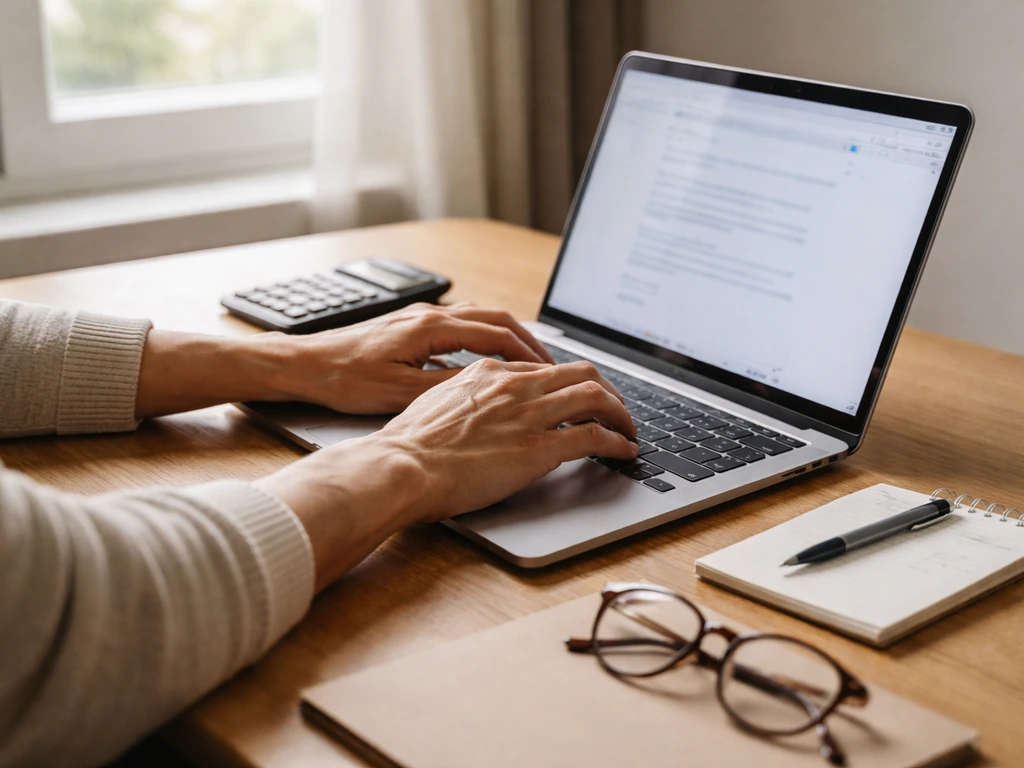 Person reviewing a laptop screen with nonprofit financial details beside a calculator and notepad in a quiet home office