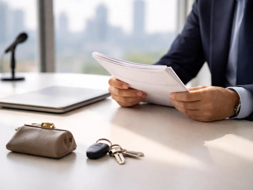 Hands at a simple desk with resumes and a laptop, subtle symbols of money and media work, no text.