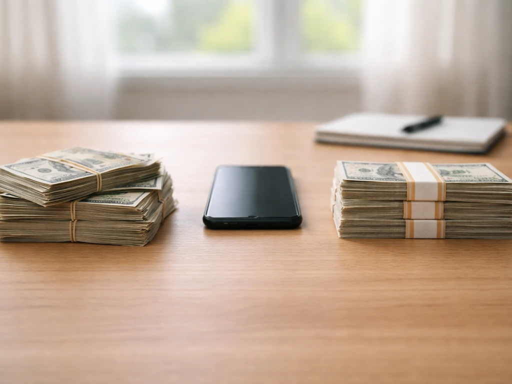 Minimal desk scene showing two separate stacks of cash beside a smartphone, symbolizing unsourced vs credible signals.