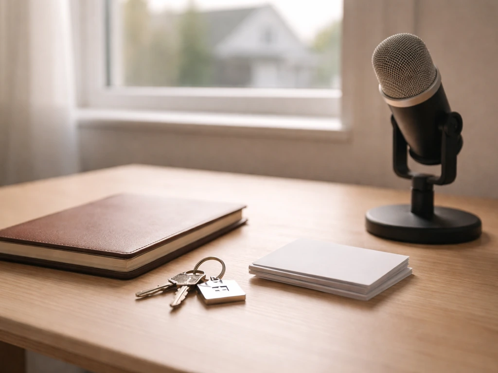 Minimal desk scene with keys, notebook, and a small studio microphone suggesting assets and lifestyle
