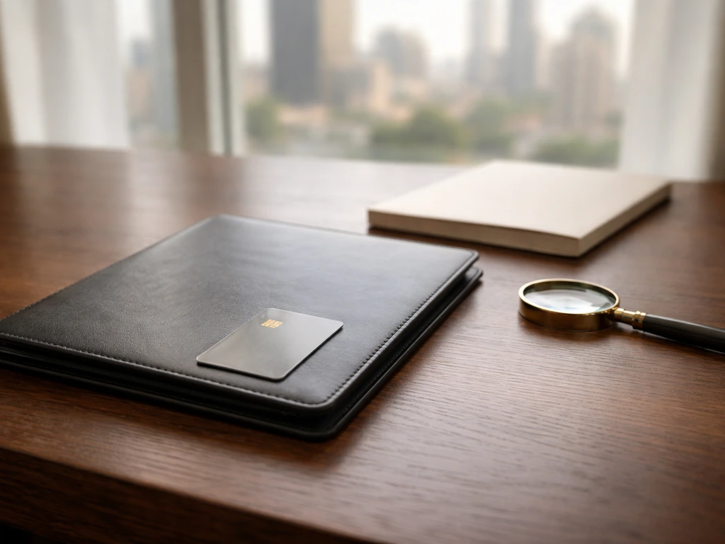 Magnifying glass and financial cards on a desk with a blurred city view, symbolizing verifying a net worth.