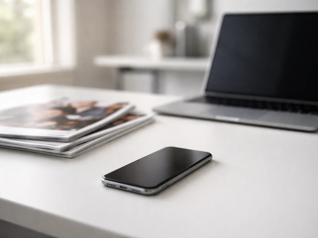 Minimal office scene with a smartphone and glossy magazine-like pages to suggest mixed online profiles.