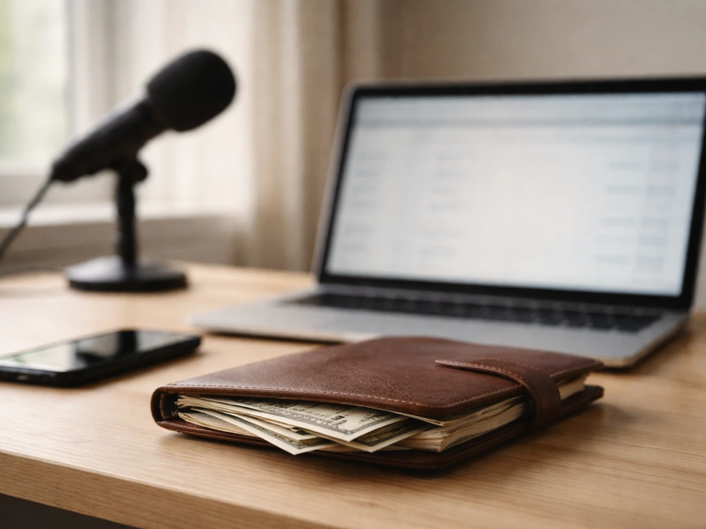Close-up of a simple desk with laptop, cash, and a microphone, suggesting wealth analysis without any person.