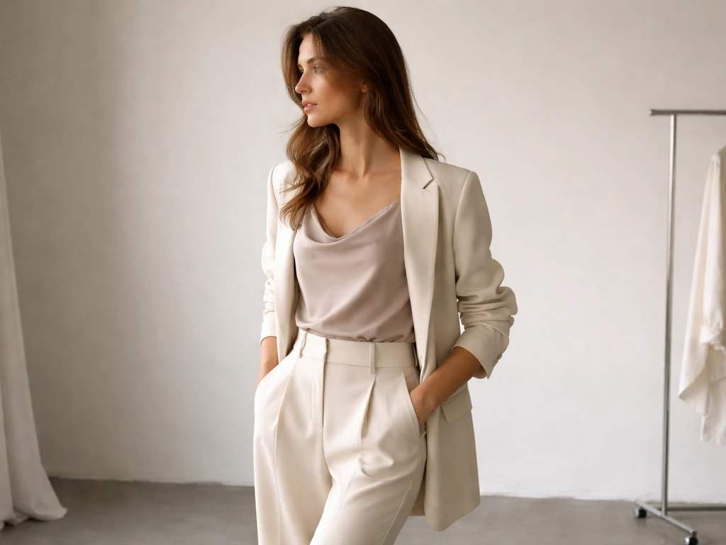 Fashion model wearing a sleek outfit posing in front of a simple studio backdrop