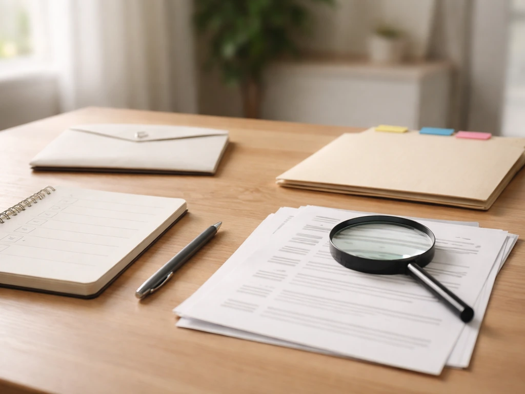 Magnifying glass over paper “search results” on a simple desk, with a blank checklist and pen.