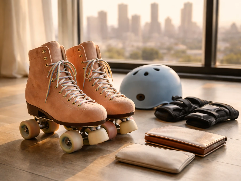 Moxi roller skates and protective gear on a studio floor near a window, symbolizing entrepreneurship.