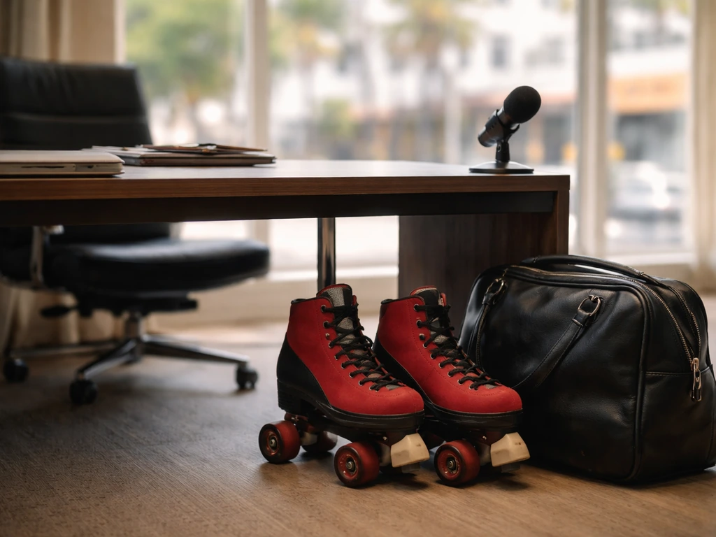 Roller skates by an executive desk with a small mic, symbolizing skating fame and business leadership.