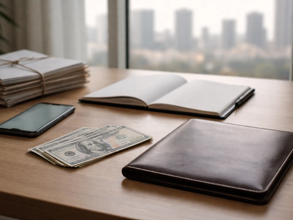 Minimal desk scene with cash, invoices, and a phone—symbolic of confirmed vs estimated financial analysis.