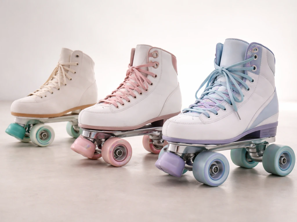 Close-up of a tidy row of roller skates on a clean floor, showing different styles and tiers.
