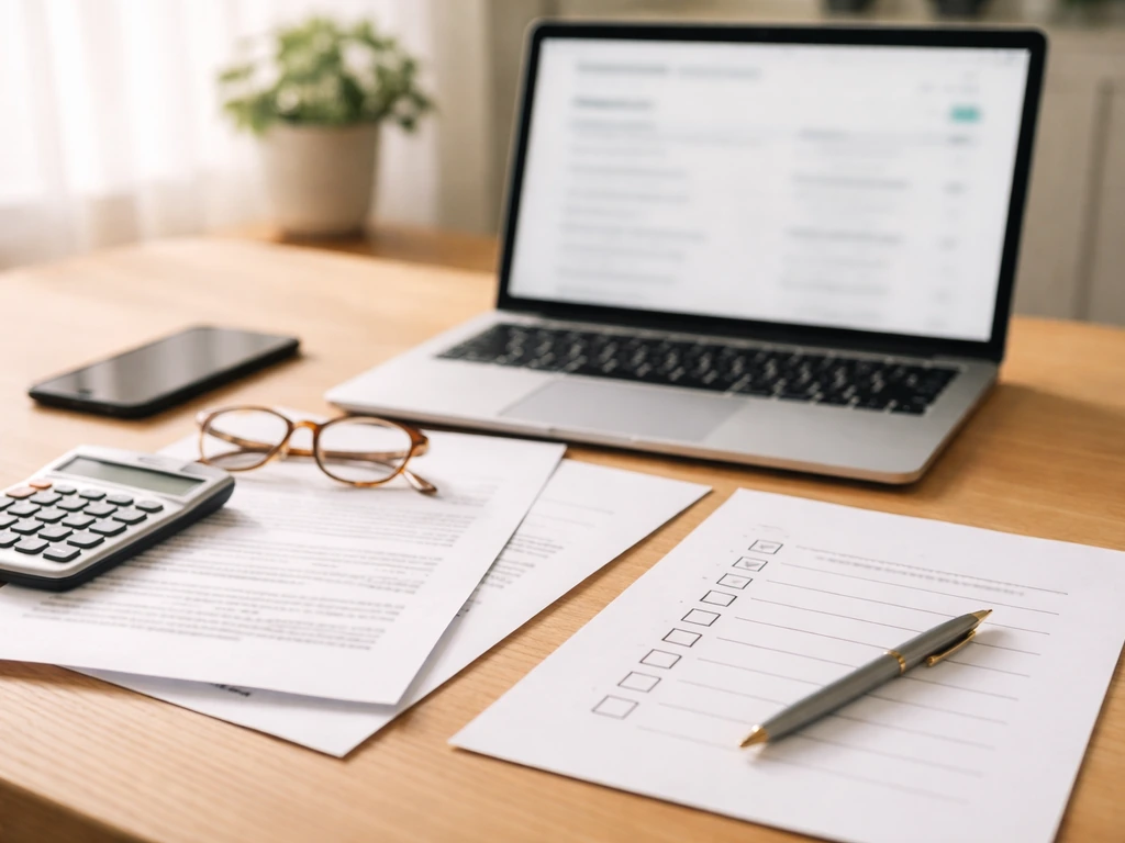 Minimal desk scene with a laptop on a business search page and papers for fact-checking numbers.