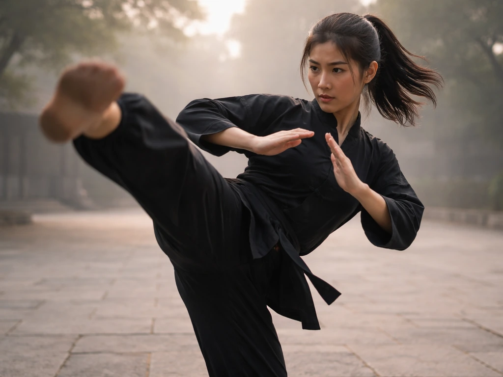 Martial-arts action still vibe with a woman in a simple dark outfit mid-kick in an empty courtyard
