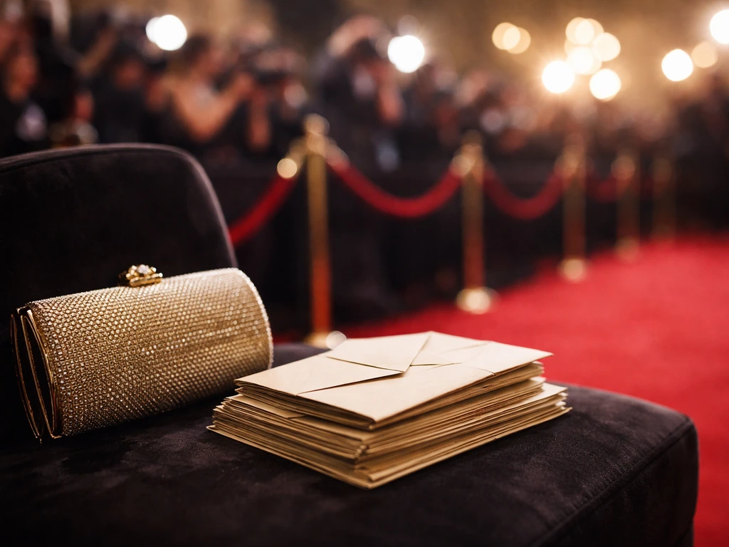 Minimal awards-press backdrop with luxury handbag and neatly arranged cash envelopes, suggesting celebrity wealth estima