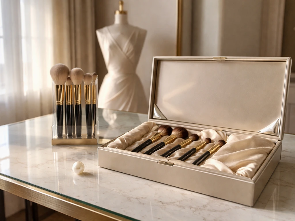 Luxury beauty studio setting with elegant fashion accessories suggesting a global brand ambassador campaign