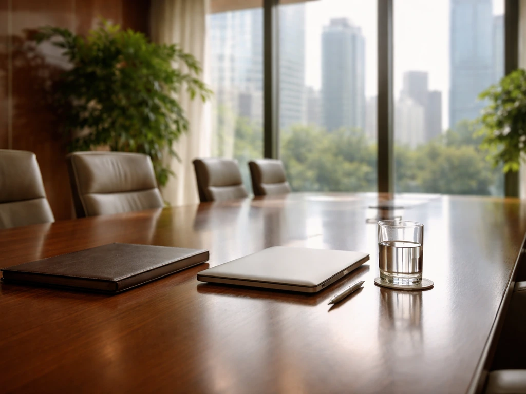 Minimal modern boardroom interior with a laptop, leather folder, and soft daylight symbolizing corporate wealth.