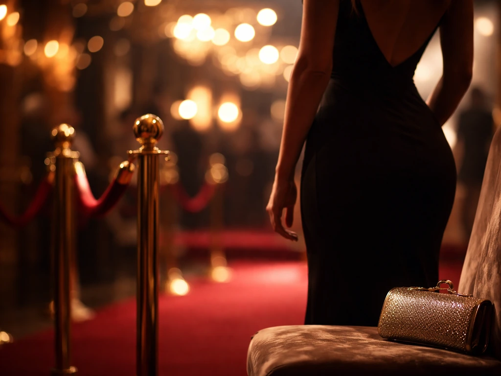Anonymous evening-gown silhouette at a softly lit awards venue with velvet rope and luxury ambience