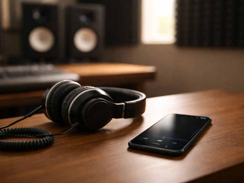 Minimal photo of a music studio desk with headphones and a smartphone showing a blank streaming screen