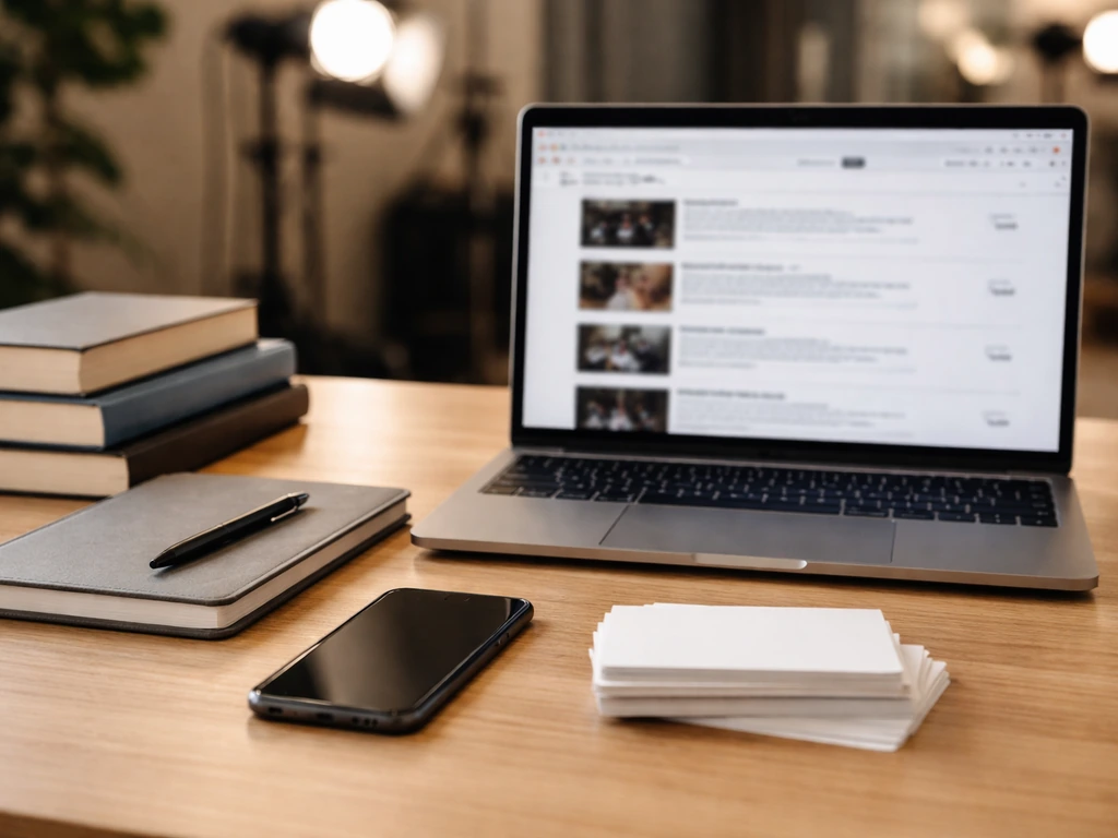 Minimal desk scene with a laptop showing film credits-style search results and reference books for self verification.