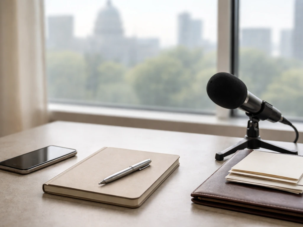 Minimal media-and-finance desk scene with a notebook, pen, and blurred city skyline