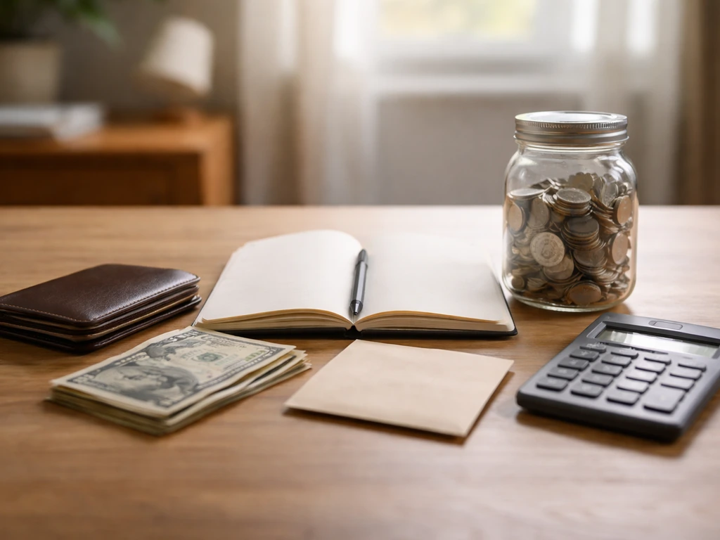 Minimal office desk with calculator, coins, money, and a blank notebook symbolizing assets and debts.