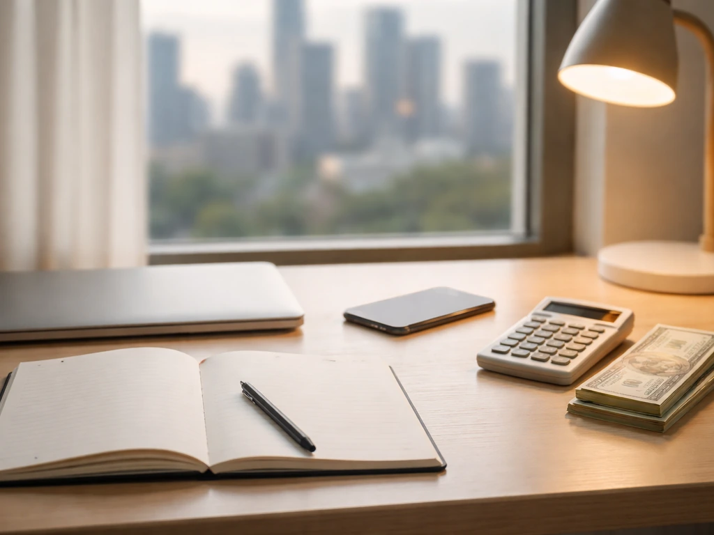 Minimal desk scene with money and research tools, symbolizing comparing net worth estimates.