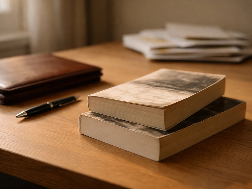 Political nonfiction books on a desk with a pen and envelopes symbolizing media and royalty income.