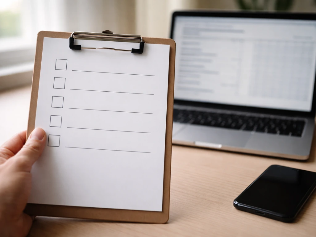 Hand holding a checklist beside a laptop showing finance documents, symbolizing verifying a net worth claim.