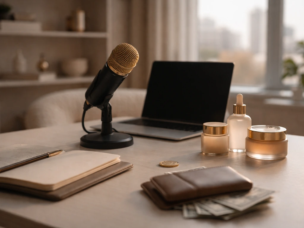 Minimal studio desk with microphone, wallet and coin, symbolic of wealth analysis for Michelle Lin.