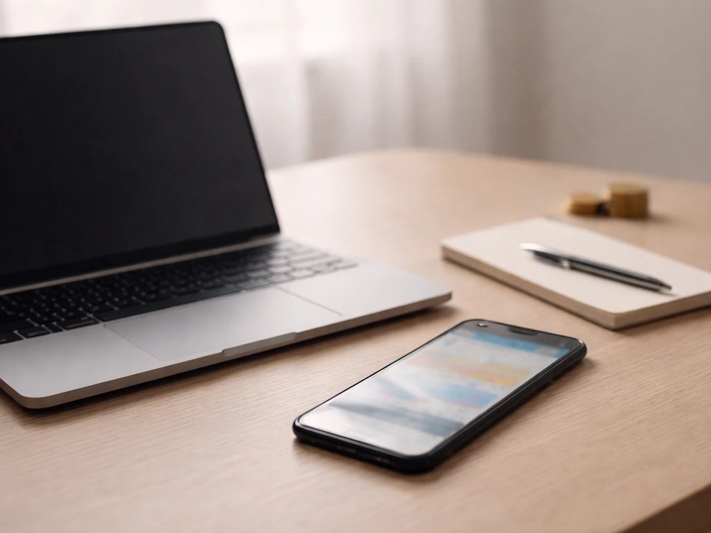 Minimal desk scene with a laptop and a smartphone showing abstract finance and media cues, no person shown.