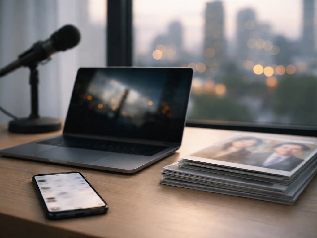 Tidy desk with blurred phone feed, magazines, and city light reflections suggesting media-based wealth clues.