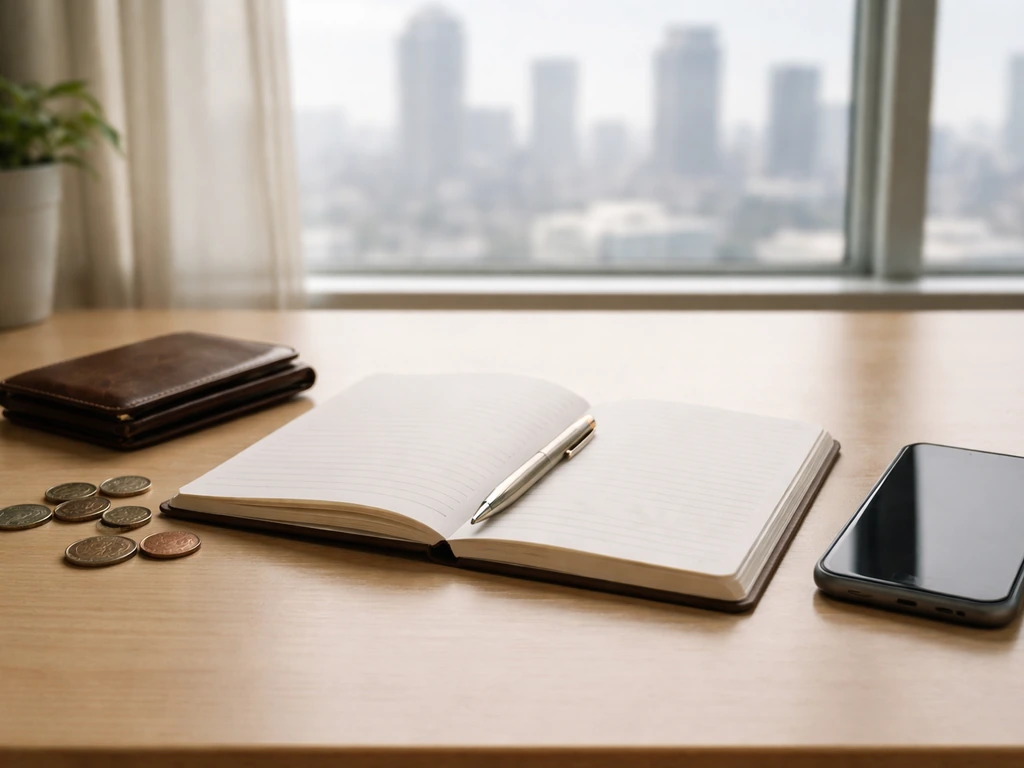 Minimal office desk with an open notebook, coins, and a blurred city view suggesting net worth methodology