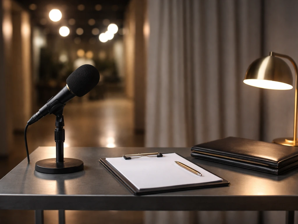 Unbranded TV studio desk with a microphone and blank clipboard, symbolic of media work and wealth analysis.