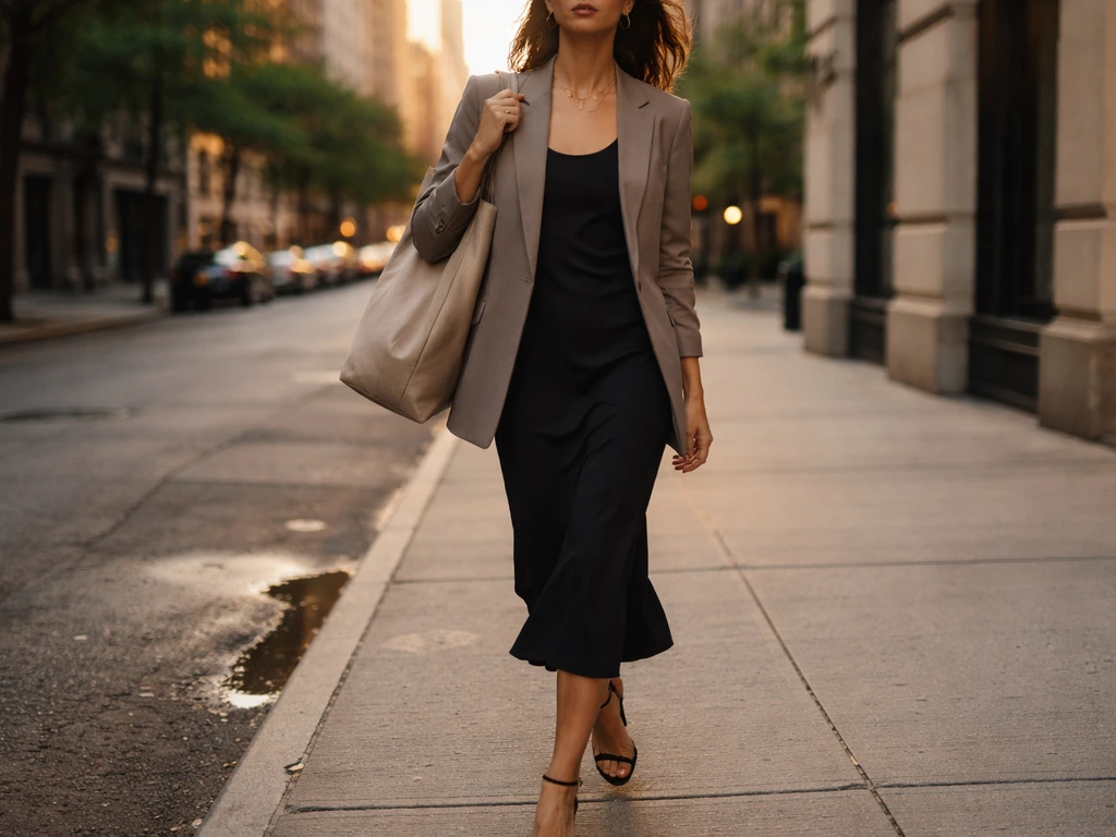 Fashion model in a New York-style street setting wearing a sleek modern outfit, softly lit and candid