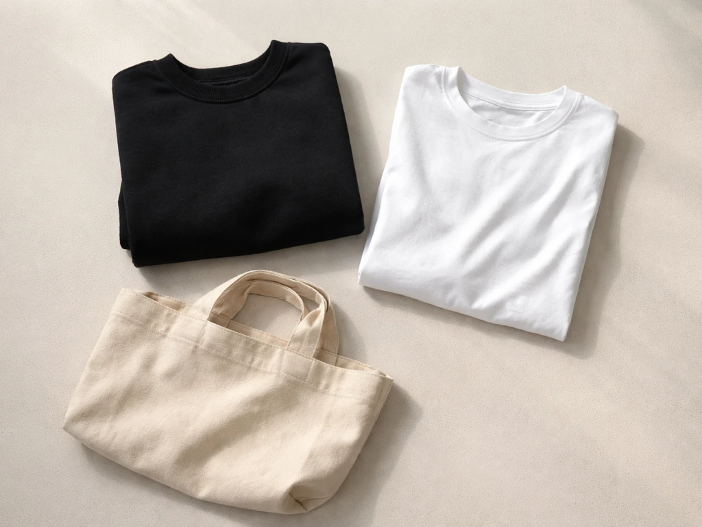 Flat-lay of neatly arranged MMD The Label apparel items on a clean neutral background.