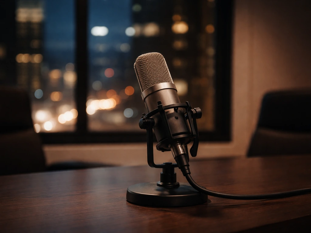 Minimal TV studio-style scene with a microphone and soft city lights suggesting media and finance research