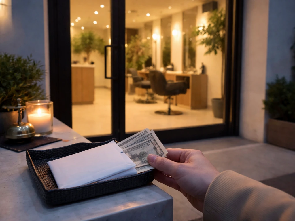 Warm-lit salon entrance at dusk with an anonymous hand placing a cash envelope near reception.