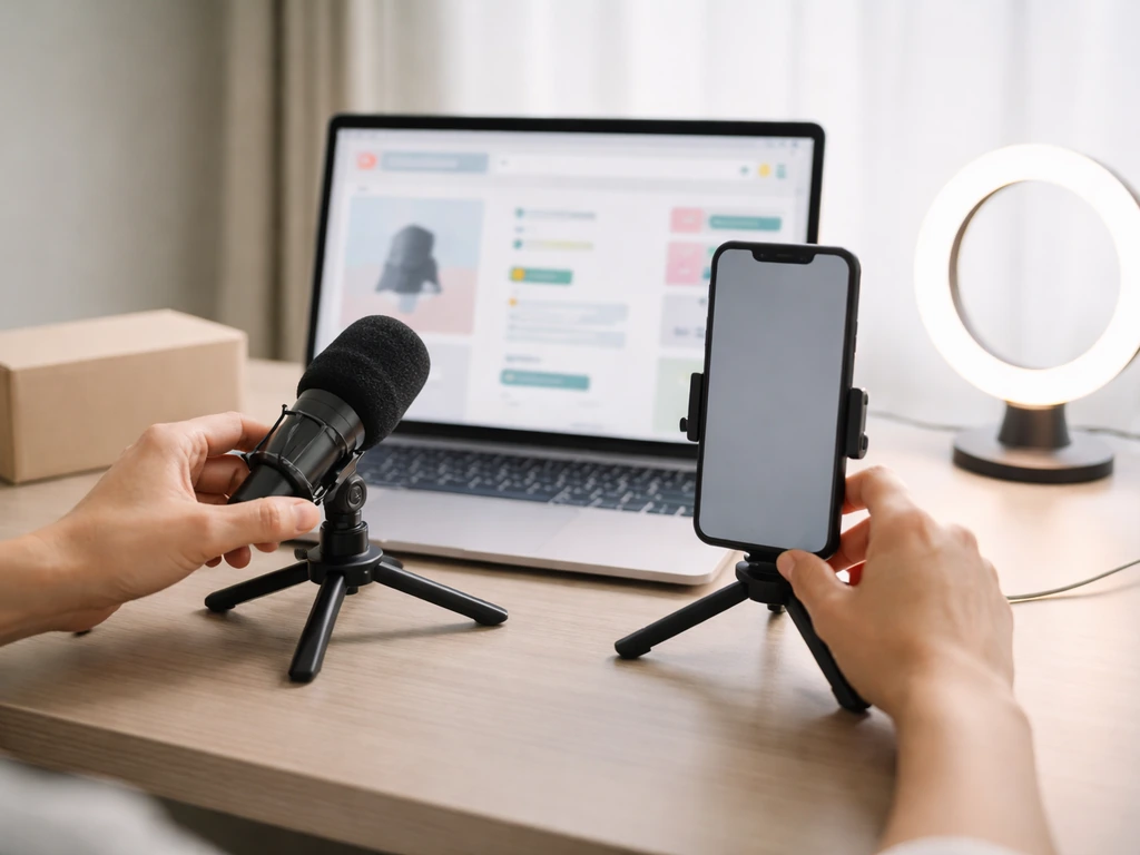 Minimal desk livestream commerce setup with phone/laptop and visible shopping-style UI blocks, no readable text.