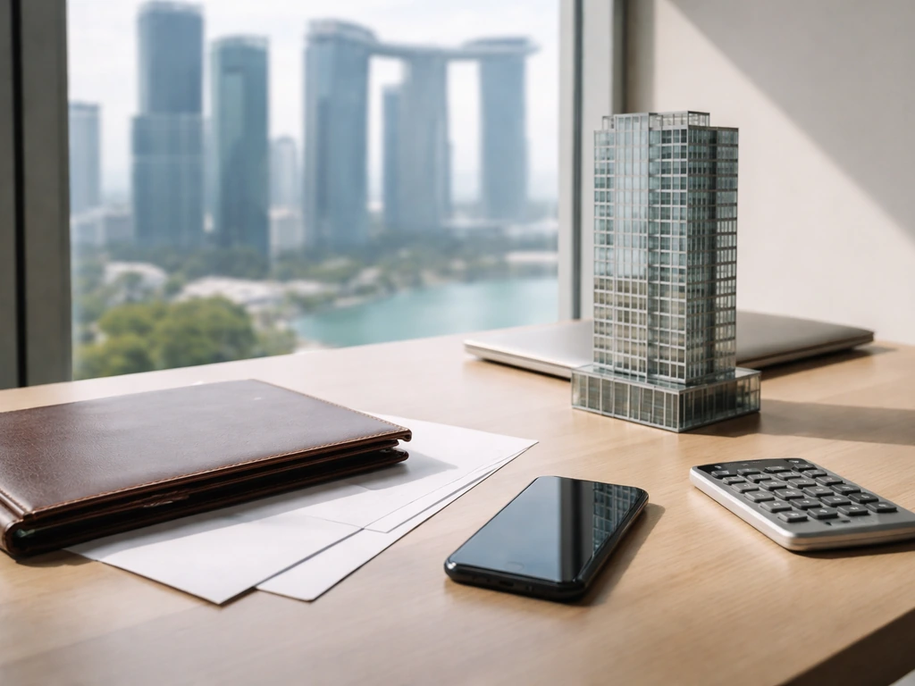 Sunlit Singapore skyline and a modern office desk with a phone, documents, and a calculator symbolizing wealth assets