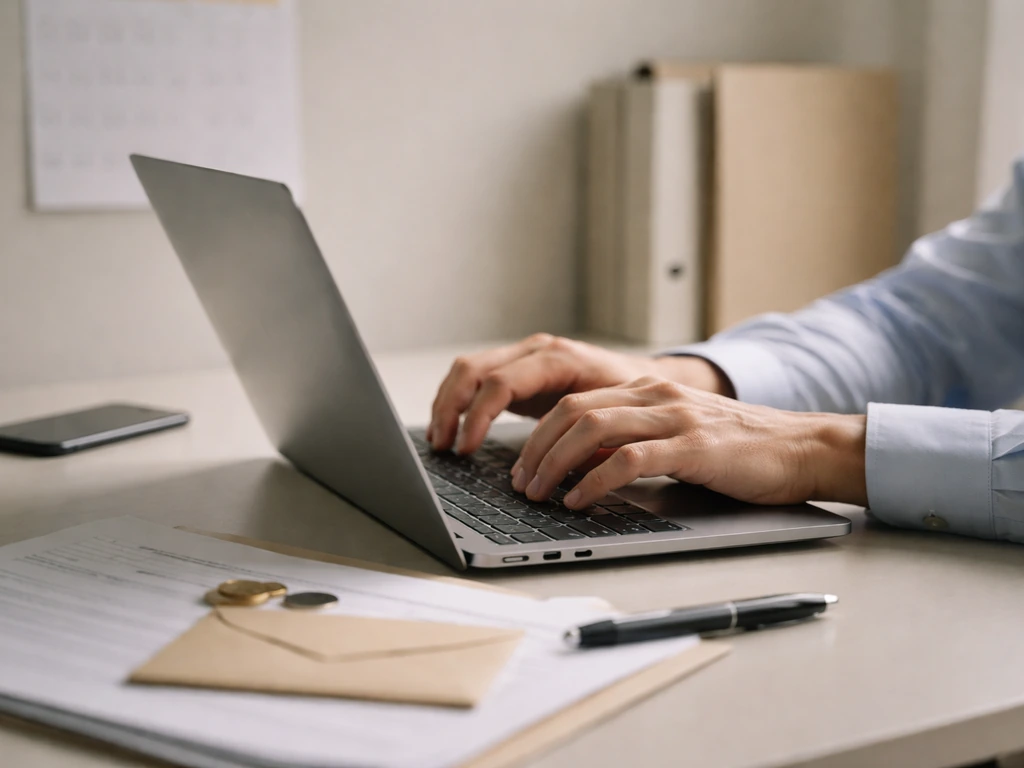 Person at a desk using a laptop to research Singapore company details, with documents nearby