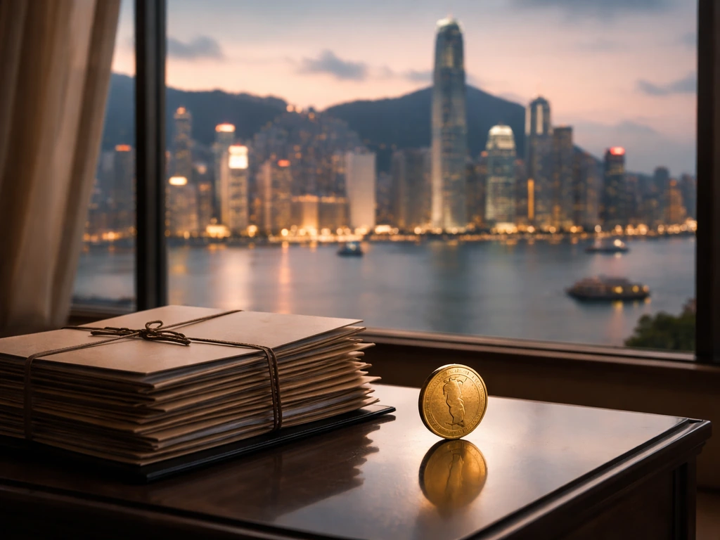Dusk skyline seen through a window with gold coin and business folders on a desk, symbolizing net worth.