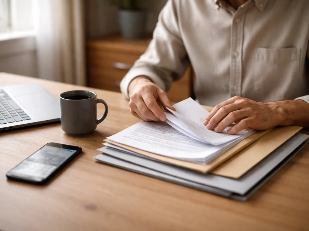 Anonymous analyst hands sorting documents beside a phone and laptop, symbolizing non-public net worth estimation.