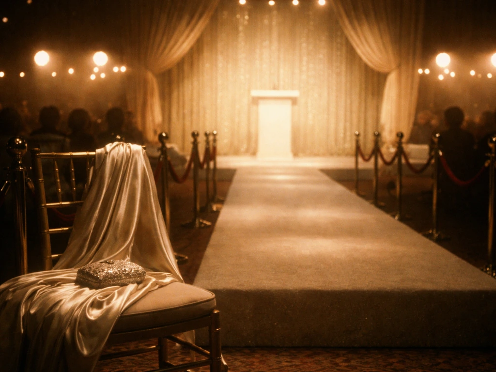 Archival-style photo of a vintage pageant runway moment with soft cash-toned lighting and glamorous ambiance