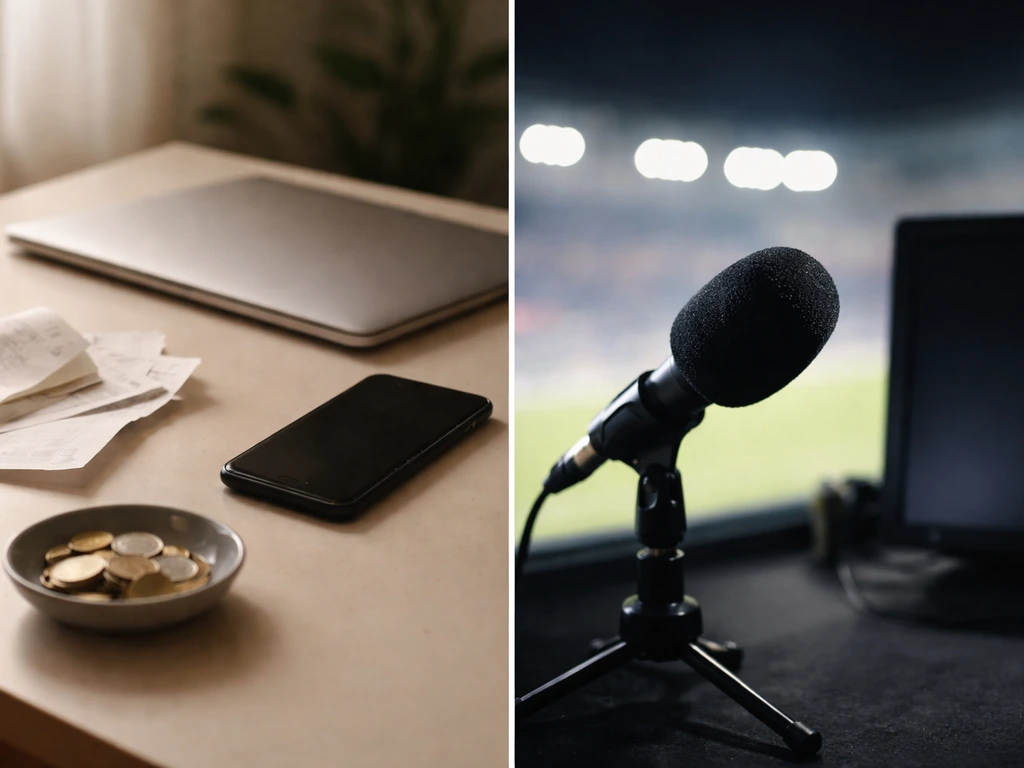 Split hero image showing a finance desk with coins and a blurred sports broadcast microphone setup.