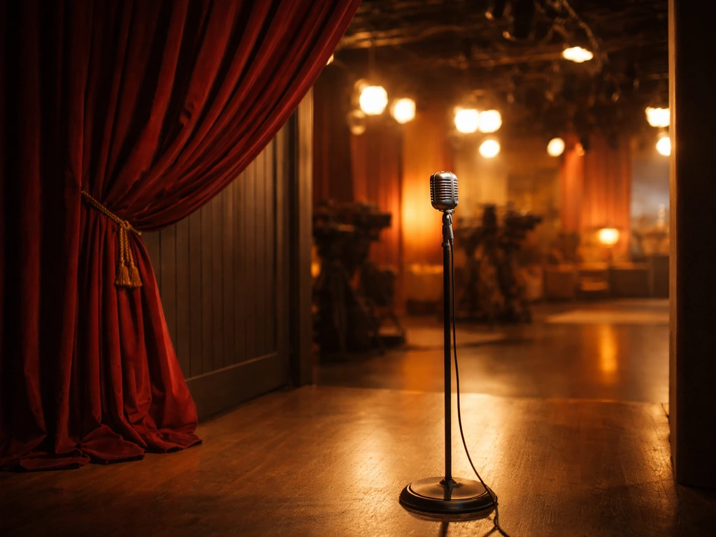 Quiet TV studio entrance with a vintage microphone stand and softly lit background, no people visible.