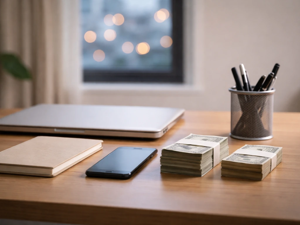 Minimal desk scene with cash stacks and business items, symbolizing an estimated net worth range.