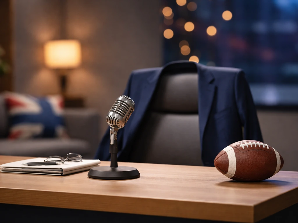 TV studio desk setup with a soccer-themed item and UK flag colors, symbolizing media and wealth-linked lifestyle